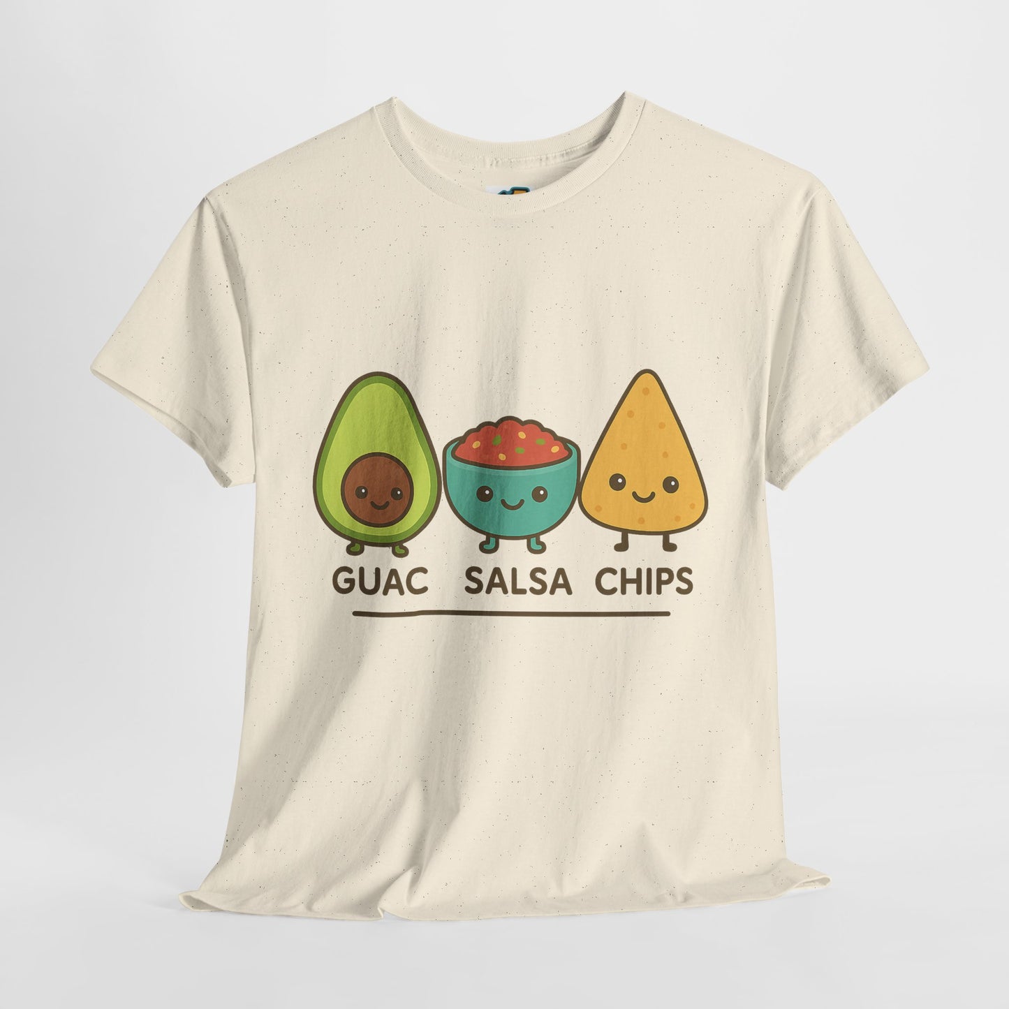 Cute kawaii-style guacamole, salsa, and chip characters