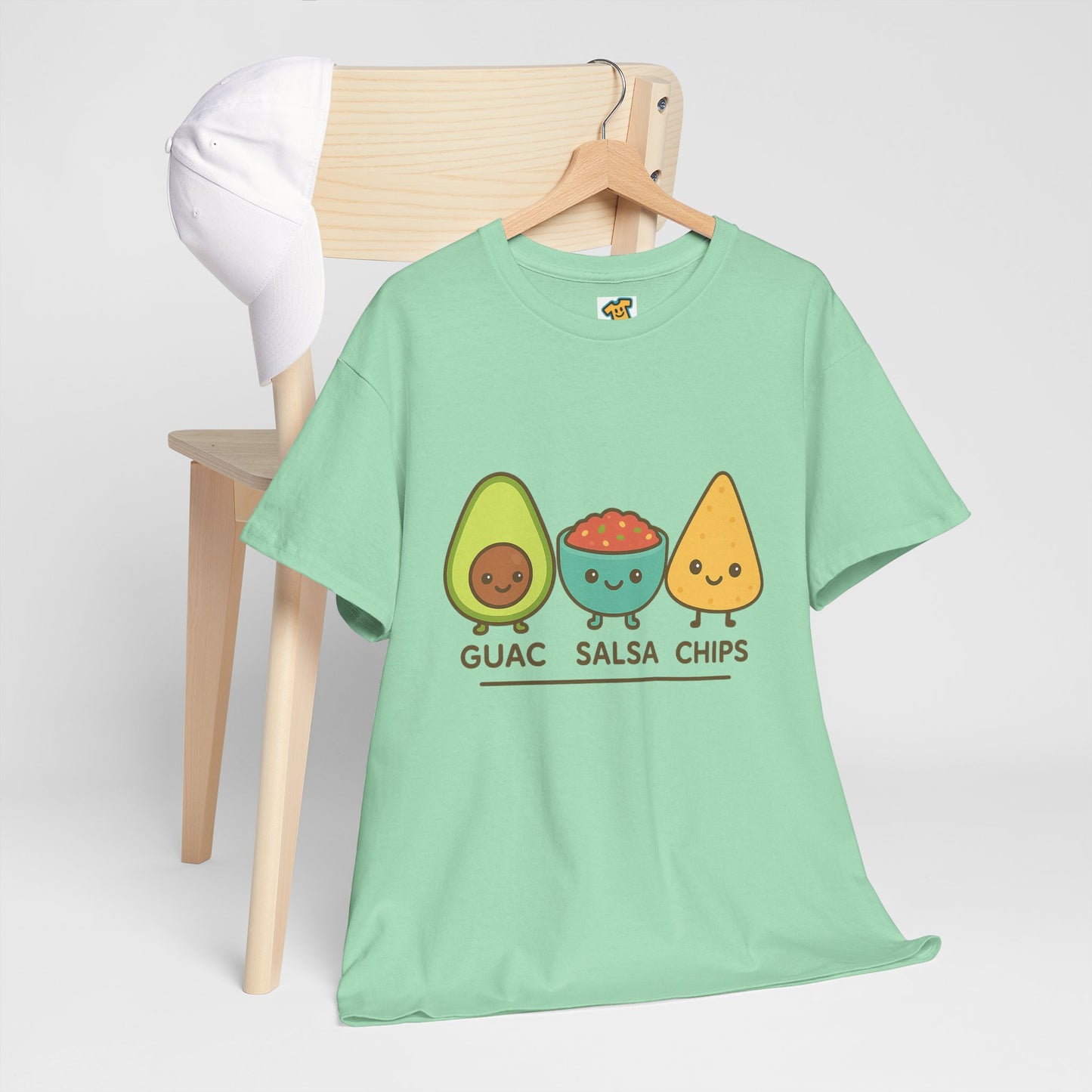 Cute kawaii-style guacamole, salsa, and chip characters
