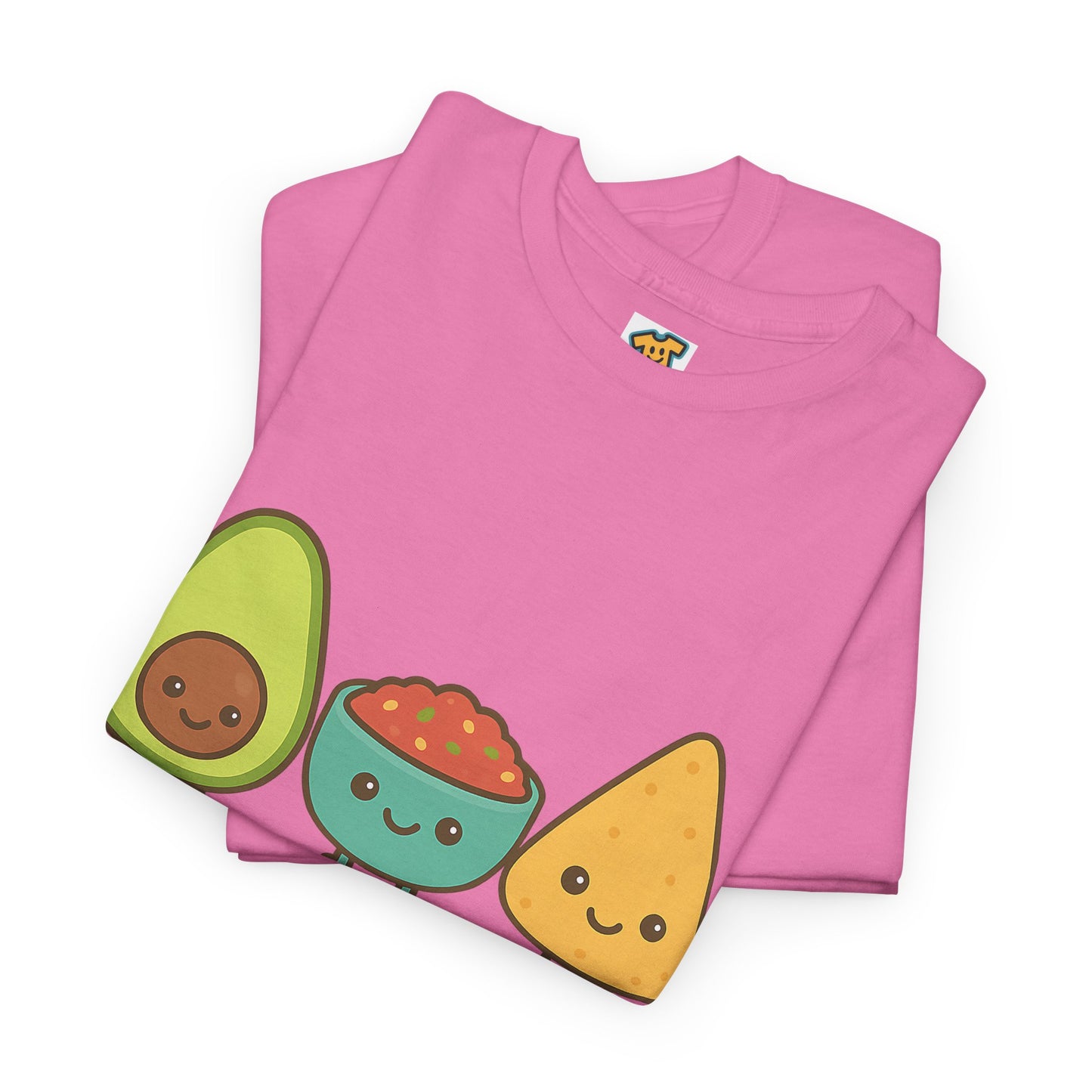 Cute kawaii-style guacamole, salsa, and chip characters