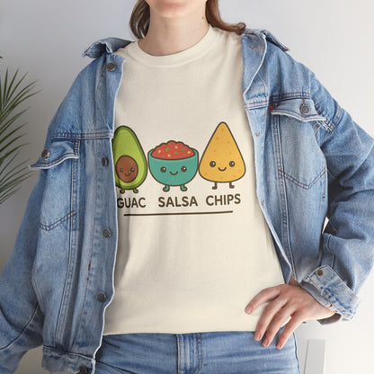 Cute kawaii-style guacamole, salsa, and chip characters