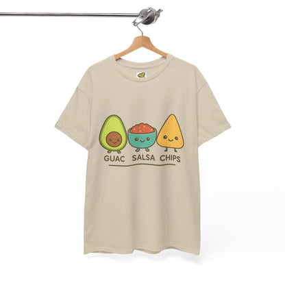 Cute kawaii-style guacamole, salsa, and chip characters