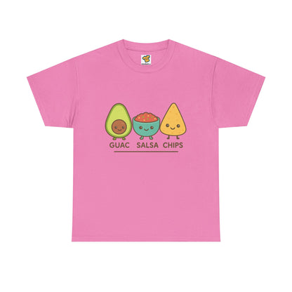 Cute kawaii-style guacamole, salsa, and chip characters