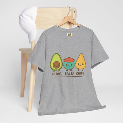 Cute kawaii-style guacamole, salsa, and chip characters