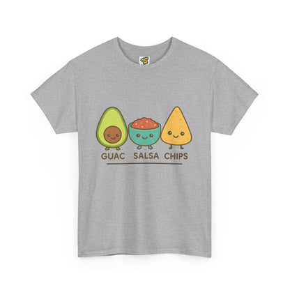 Cute kawaii-style guacamole, salsa, and chip characters