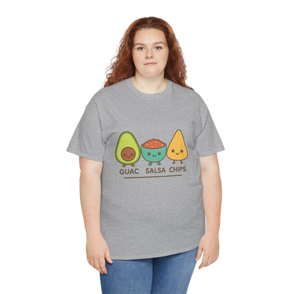 Cute kawaii-style guacamole, salsa, and chip characters