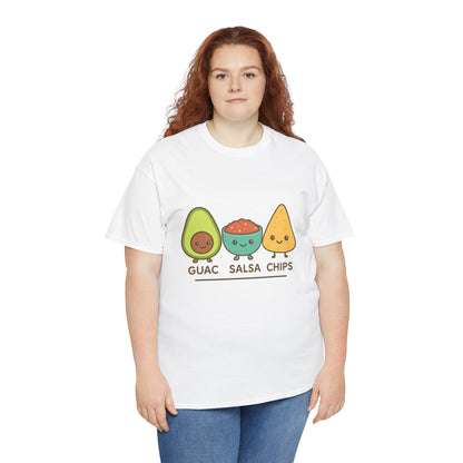Cute kawaii-style guacamole, salsa, and chip characters