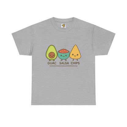 Cute kawaii-style guacamole, salsa, and chip characters