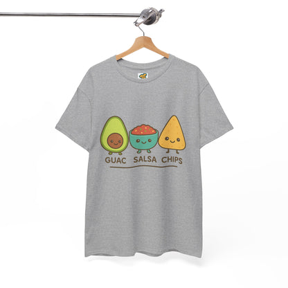 Cute kawaii-style guacamole, salsa, and chip characters