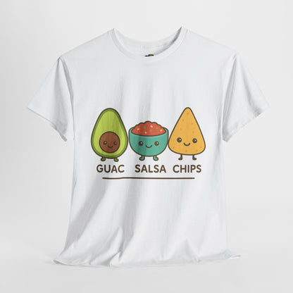 Cute kawaii-style guacamole, salsa, and chip characters