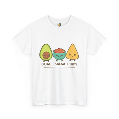 Cute kawaii-style guacamole, salsa, and chip characters