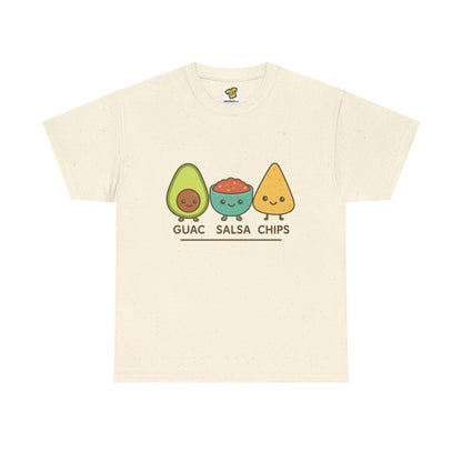 Cute kawaii-style guacamole, salsa, and chip characters