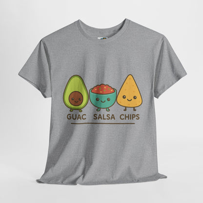 Cute kawaii-style guacamole, salsa, and chip characters