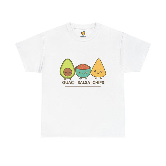 Cute kawaii-style guacamole, salsa, and chip characters