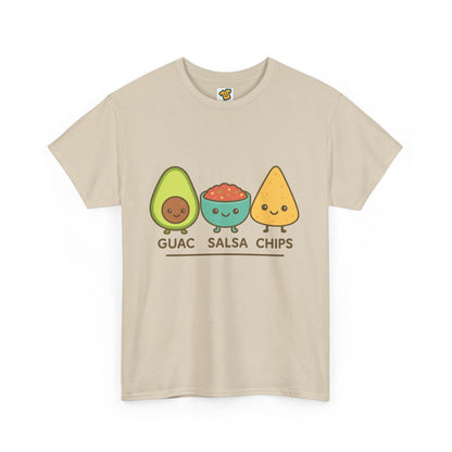 Cute kawaii-style guacamole, salsa, and chip characters