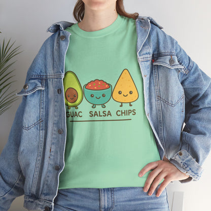 Cute kawaii-style guacamole, salsa, and chip characters