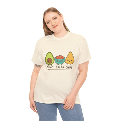 Cute kawaii-style guacamole, salsa, and chip characters