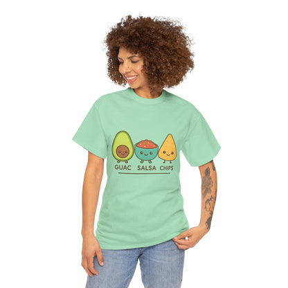 Cute kawaii-style guacamole, salsa, and chip characters
