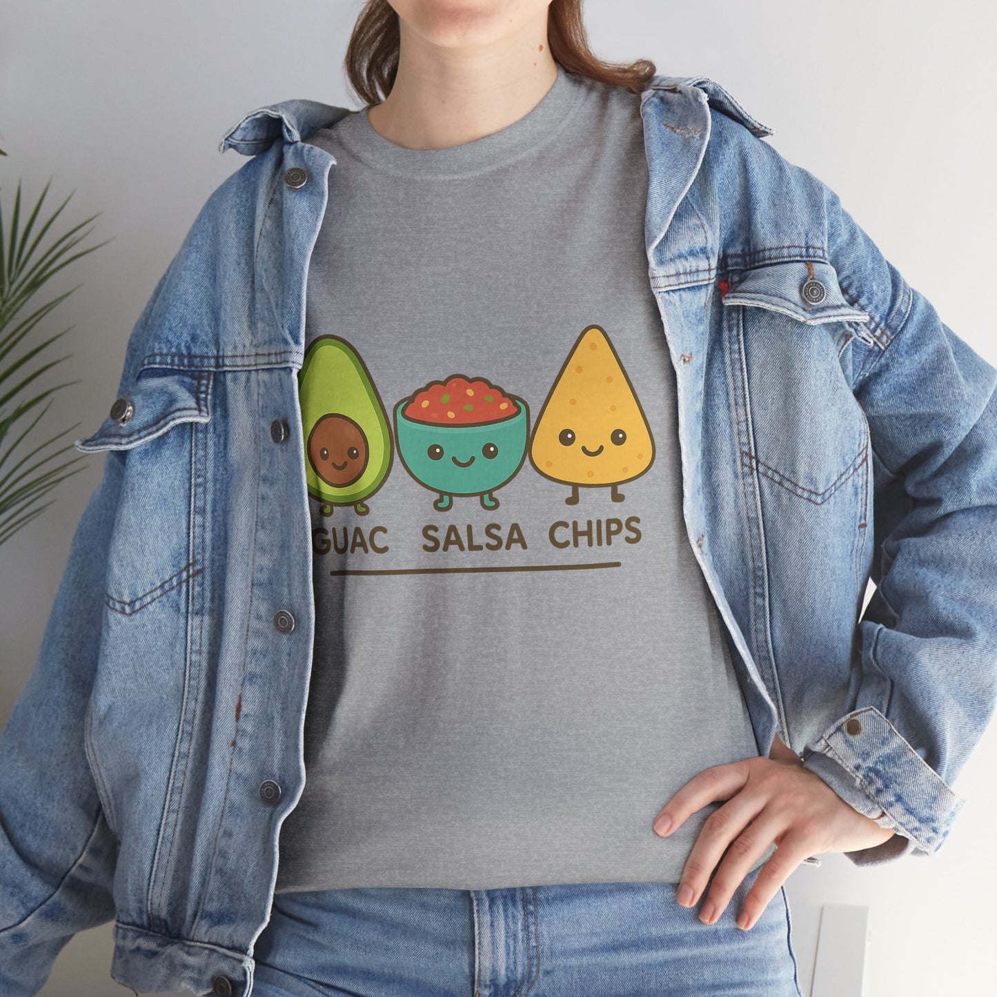 Cute kawaii-style guacamole, salsa, and chip characters