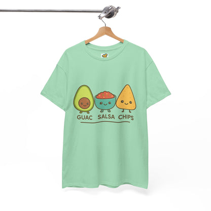 Cute kawaii-style guacamole, salsa, and chip characters