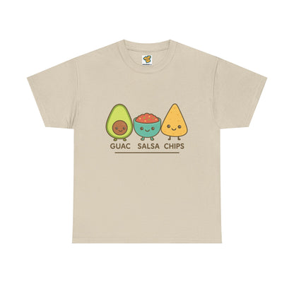 Cute kawaii-style guacamole, salsa, and chip characters