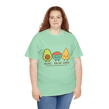 Cute kawaii-style guacamole, salsa, and chip characters