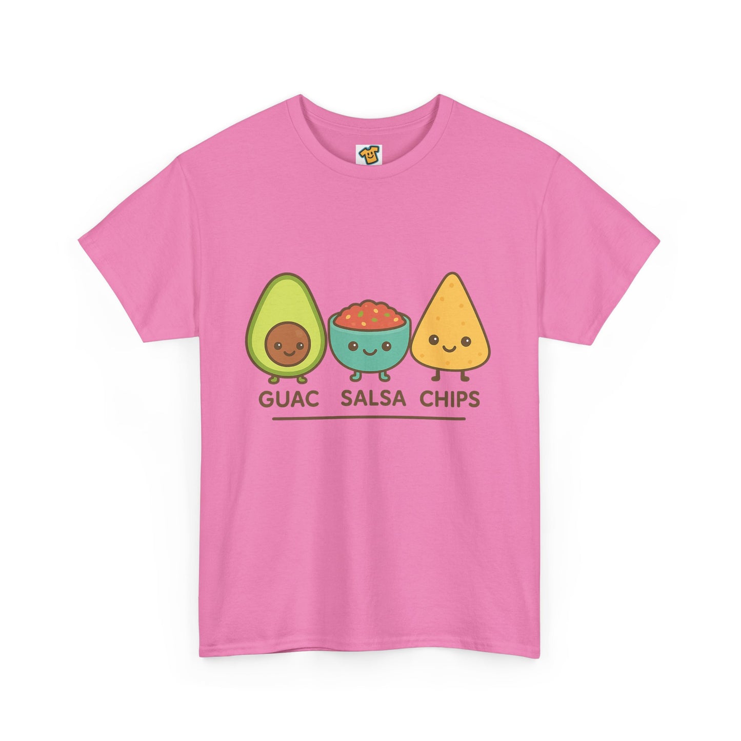 Cute kawaii-style guacamole, salsa, and chip characters