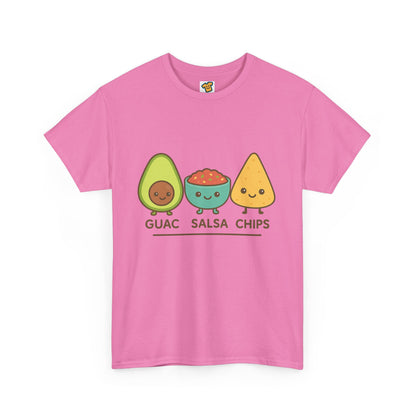 Cute kawaii-style guacamole, salsa, and chip characters