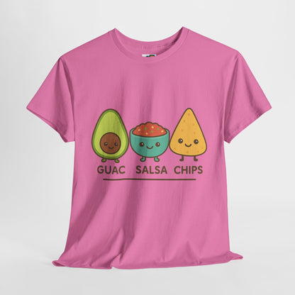 Cute kawaii-style guacamole, salsa, and chip characters