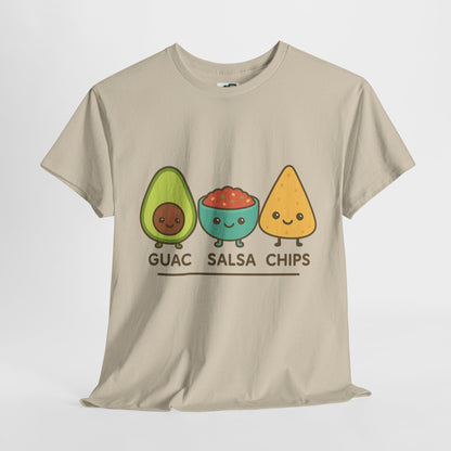 Cute kawaii-style guacamole, salsa, and chip characters