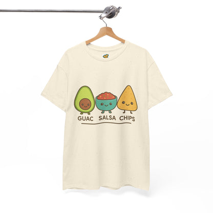 Cute kawaii-style guacamole, salsa, and chip characters