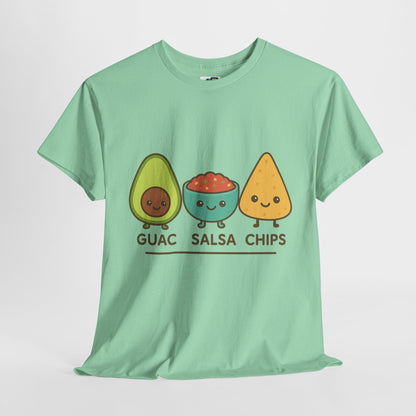Cute kawaii-style guacamole, salsa, and chip characters