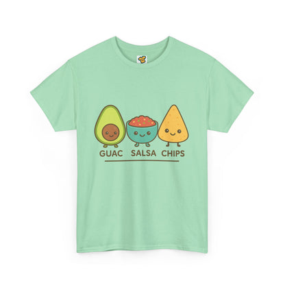 Cute kawaii-style guacamole, salsa, and chip characters