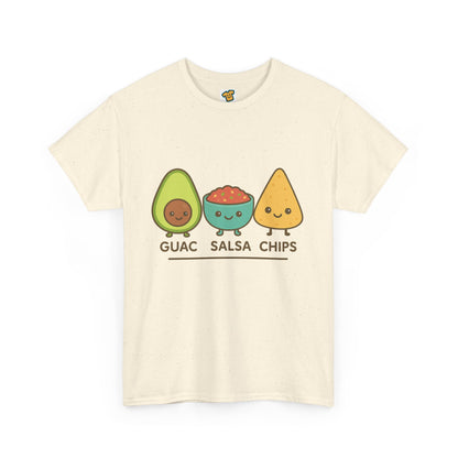 Cute kawaii-style guacamole, salsa, and chip characters